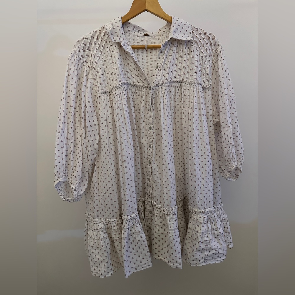 Free People Oversized Prairie Swing Dress White w/Purple Floral Pattern Small